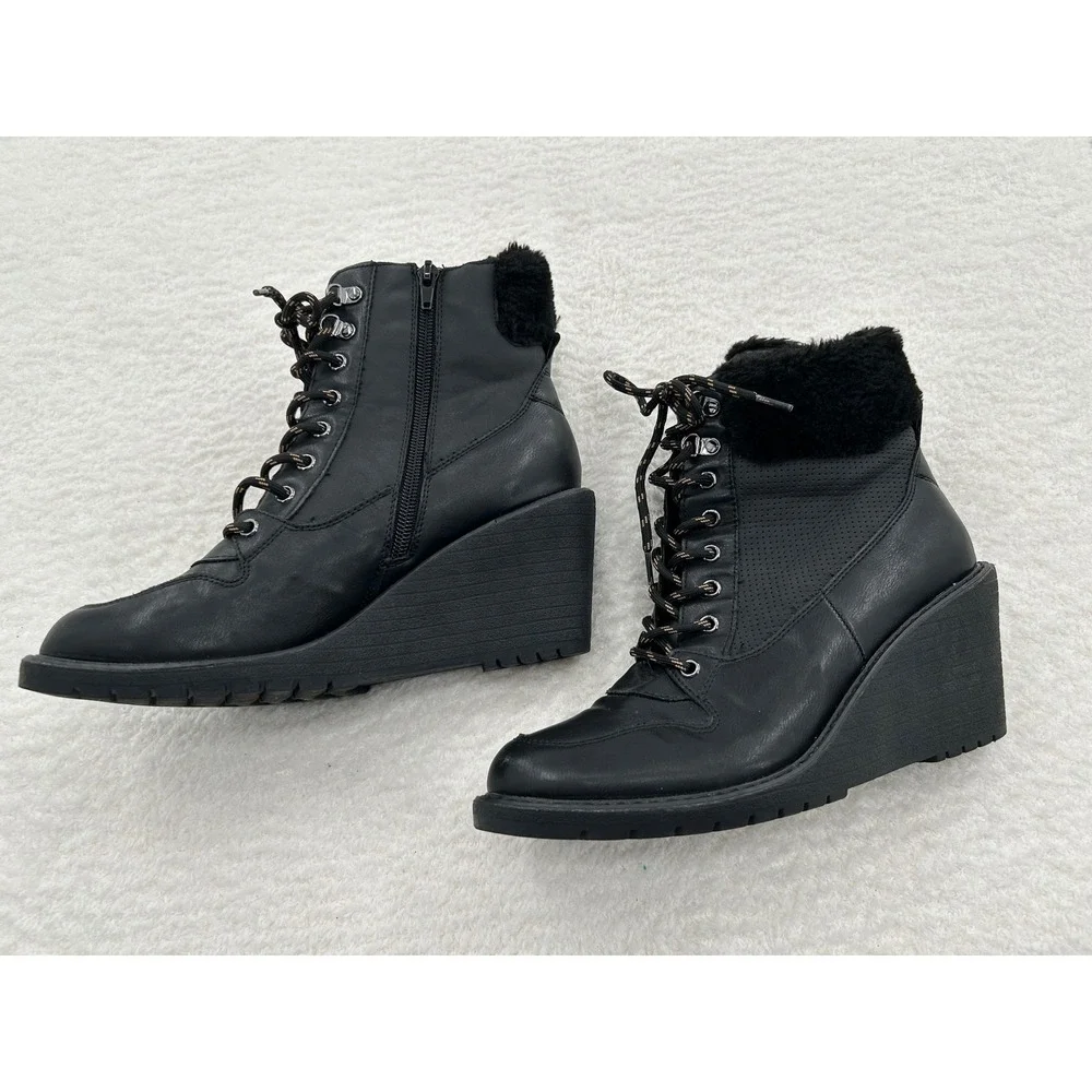 Rouge Helium Womens Black Wedge Ankle Boots Faux Fur Trim Lace Up Side‎ Zip 10